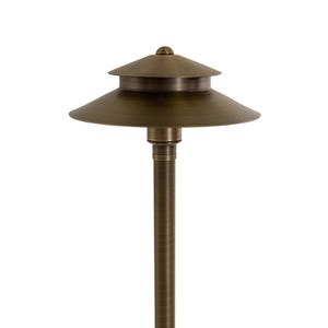 VOLT® Stratum 9" two-tier shade brass path and area light for driveways, sidewalks, patios, and lawns. 