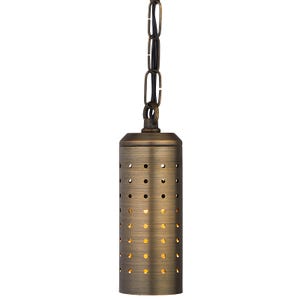 VOLT® Tranquility brass hanging light without lamp shade illuminated.