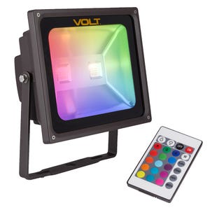 VOLT® RGBW 30W integrated flood light with yoke mount and color controller.