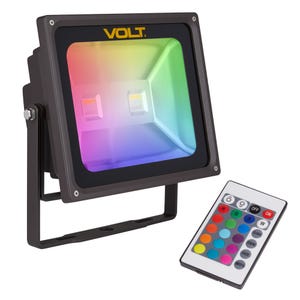 VOLT® 120V RGBW 30W Integrated LED Flood Light with Yoke Mount with colored remote.